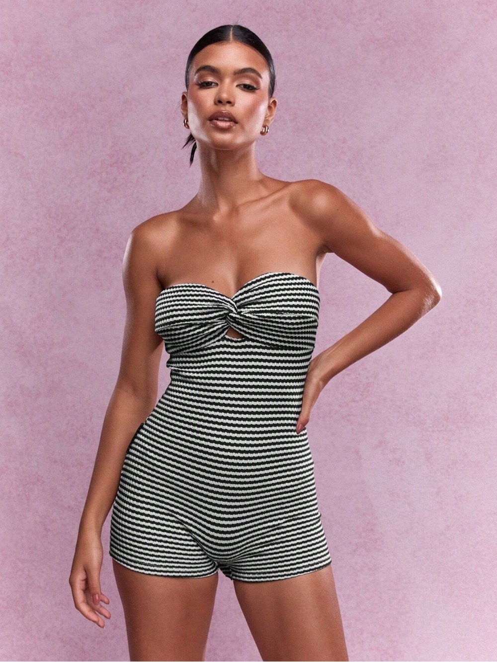 Missguided Brown and Cream Striped Strapless Bandeau Romper